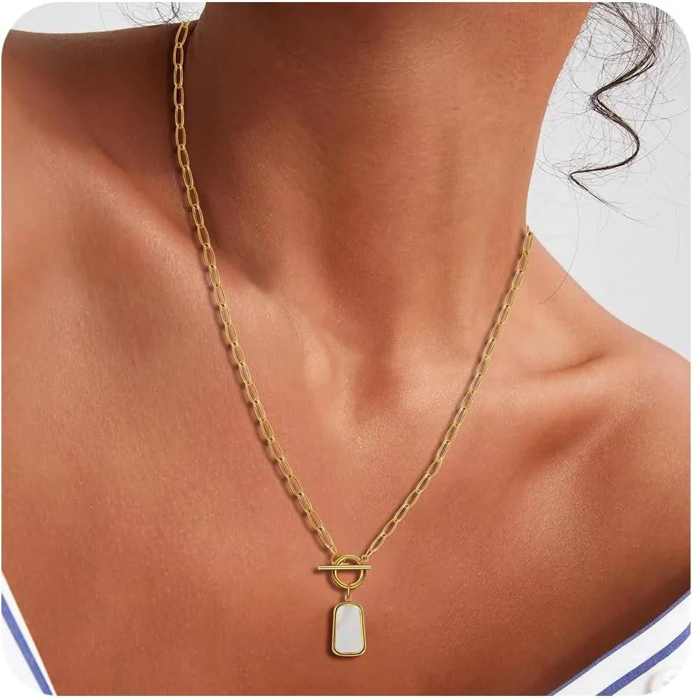 Natural White Sea Shell OT Buckle Long Plate Pendant Necklace For Women Trendy Elegant in Color and Luster Titanium Steel Electroplated with 18K Gold Necklace