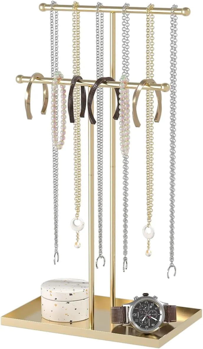 Necklace Organizers Holder,Jewelry Organizers and Displays for Women, Men, and Suppliers Small, Long, and 2 Tier Tall Necklace Stand, with Bracelet and Jewelry Storage Tray (Golden)