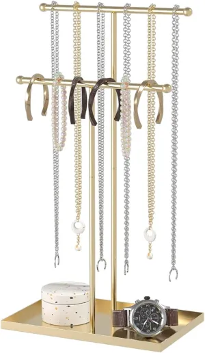 Necklace Organizers Holder,Jewelry Organizers and Displays for Women, Men, and Suppliers Small, Long, and 2 Tier Tall Necklace Stand, with Bracelet and Jewelry Storage Tray (Golden)