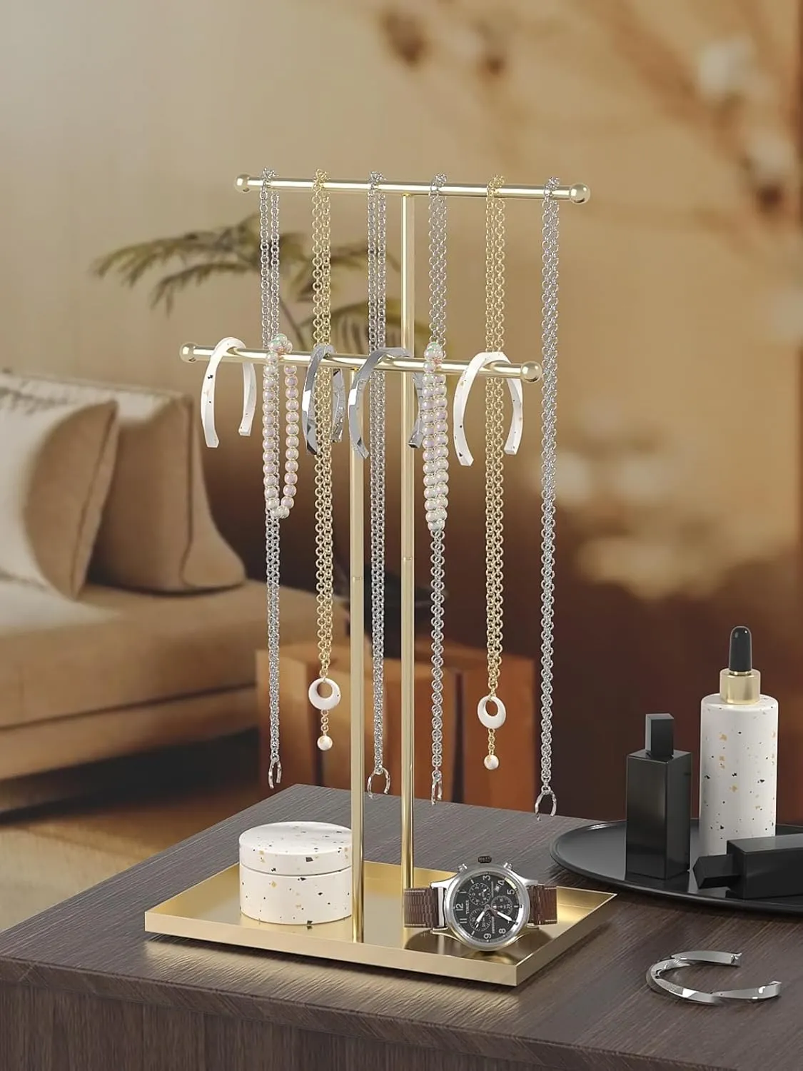 Necklace Organizers Holder,Jewelry Organizers and Displays for Women, Men, and Suppliers Small, Long, and 2 Tier Tall Necklace Stand, with Bracelet and Jewelry Storage Tray (Golden)