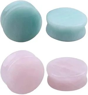 NewZenro 2Pairs Rose Quartz Aventurine Natural Organic Stone Ear Plugs Gauges Tunnel Expanders Stretcher Double Flared Amazonite Flesh Piercings Body Jewelry Set