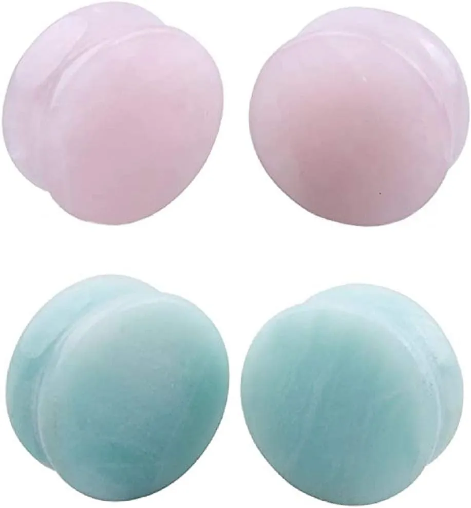 NewZenro 2Pairs Rose Quartz Aventurine Natural Organic Stone Ear Plugs Gauges Tunnel Expanders Stretcher Double Flared Amazonite Flesh Piercings Body Jewelry Set