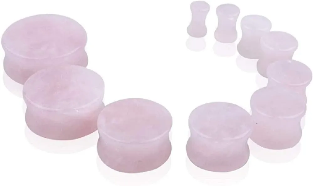 NewZenro 2Pairs Rose Quartz Aventurine Natural Organic Stone Ear Plugs Gauges Tunnel Expanders Stretcher Double Flared Amazonite Flesh Piercings Body Jewelry Set