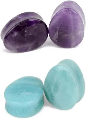 NewZenro Amethyst Amazonite Ear Plugs Tunnels Organic Natural Stone Stretcher Expander Gauges Earrings Teardrop Double Flared Body Piercing Jewelry Set