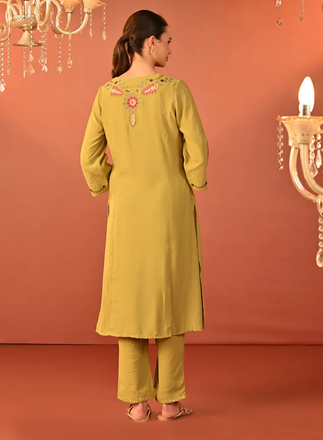 Noorain Pista Green Embroidered Cotton Linen Co-ord Set for Women