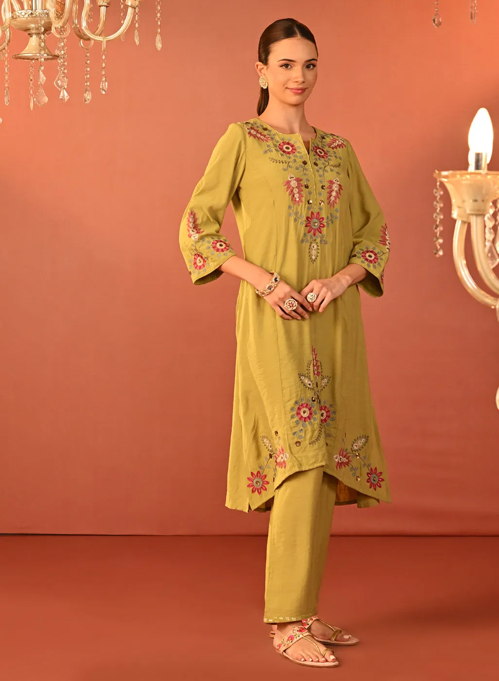 Noorain Pista Green Embroidered Cotton Linen Co-ord Set for Women
