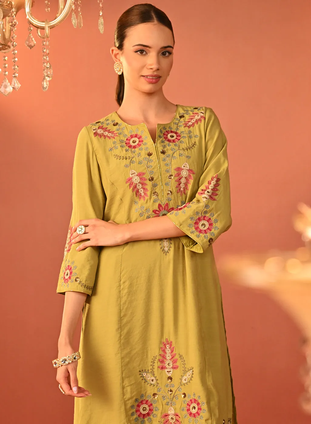Noorain Pista Green Embroidered Cotton Linen Co-ord Set for Women