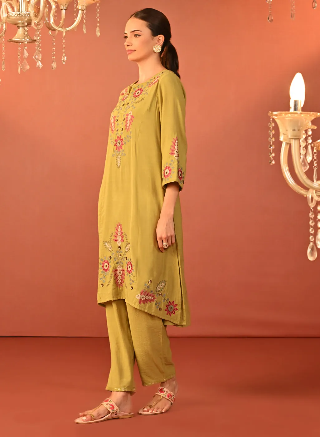 Noorain Pista Green Embroidered Cotton Linen Co-ord Set for Women