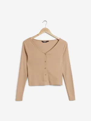 Nuon Beige Ribbed Bart Cropped Top