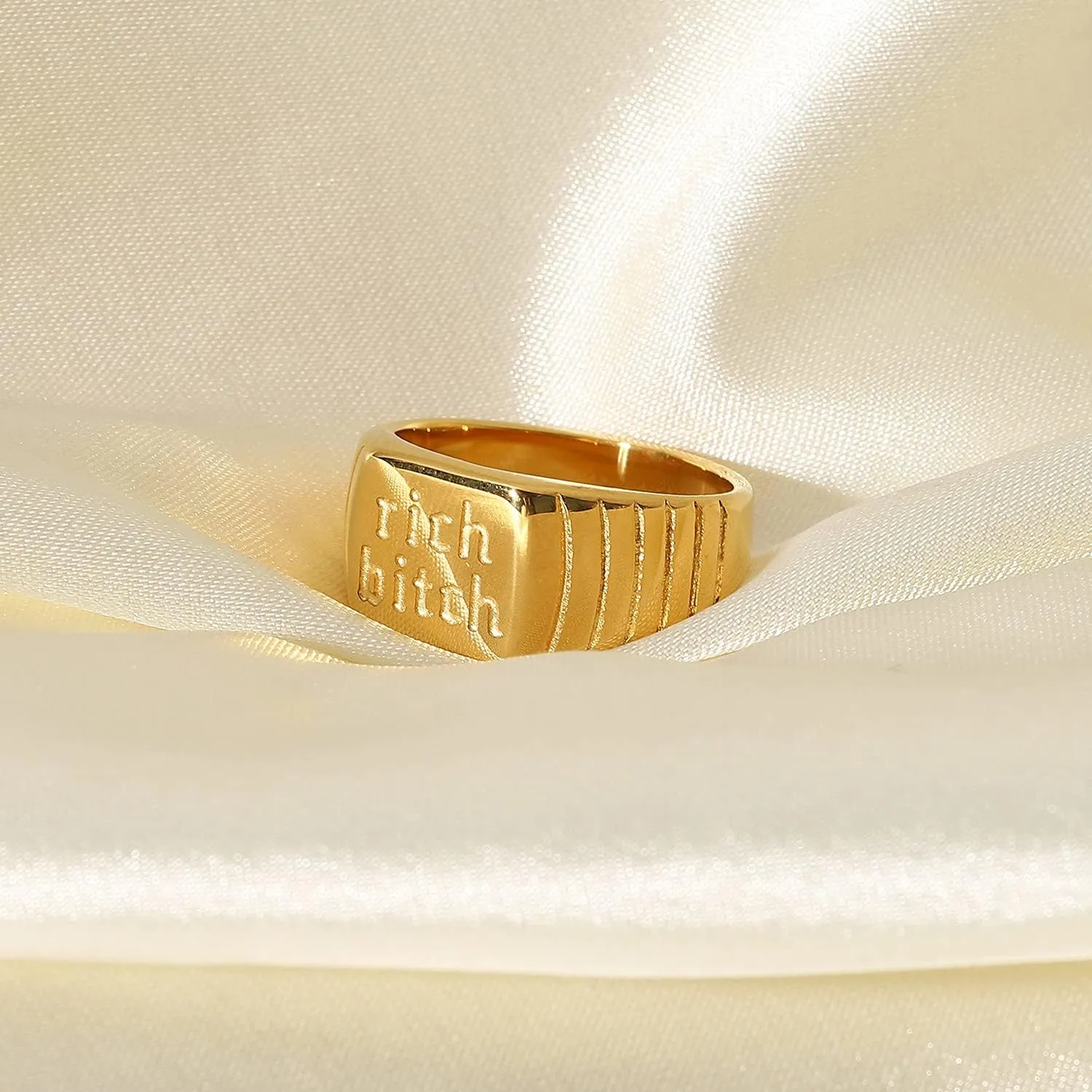 OIDIMS Chunky Gold Funny Words Square Signet Band Ring for Women Men Punk Fashion Stainless Steel Middle Finger Stacking Rings Gothic Minimalist BFF Unique Personalized Jewelry Gifts Birthday