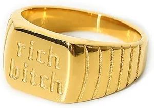 OIDIMS Chunky Gold Funny Words Square Signet Band Ring for Women Men Punk Fashion Stainless Steel Middle Finger Stacking Rings Gothic Minimalist BFF Unique Personalized Jewelry Gifts Birthday