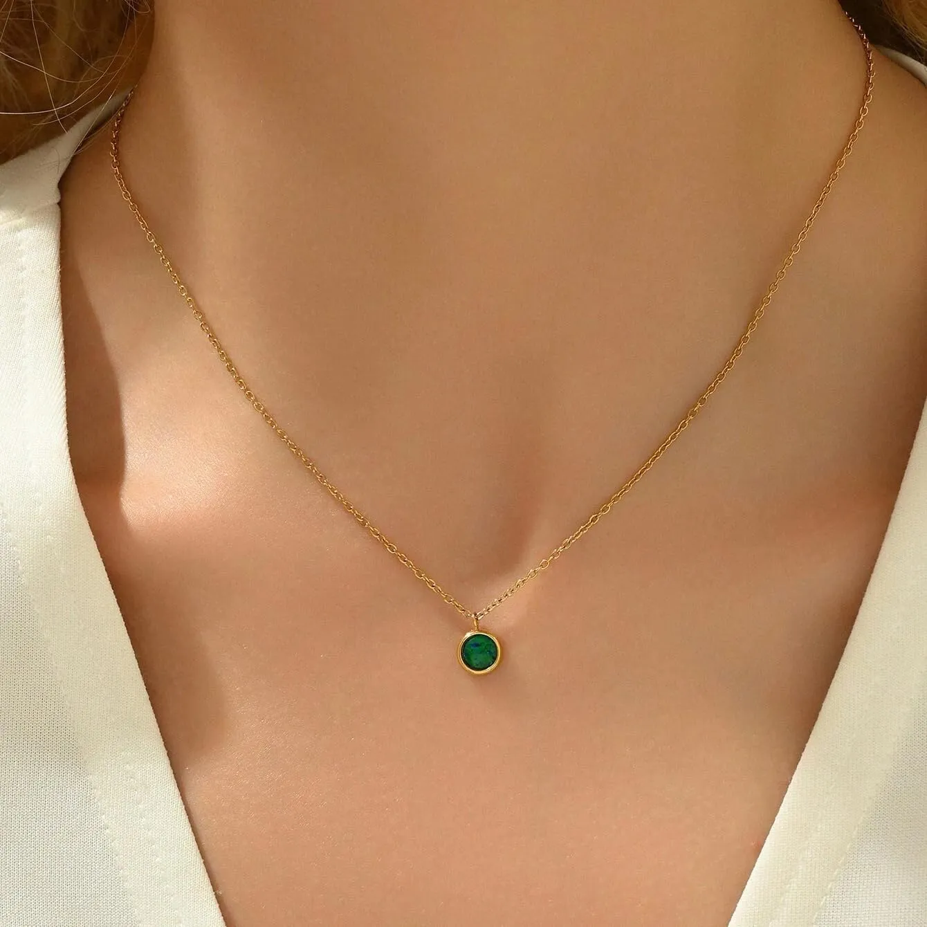 Opal Necklaces for Women Dainty 18K Gold Plated Created Opal Pendant Necklace Simple Round Opal Jewelry Gift