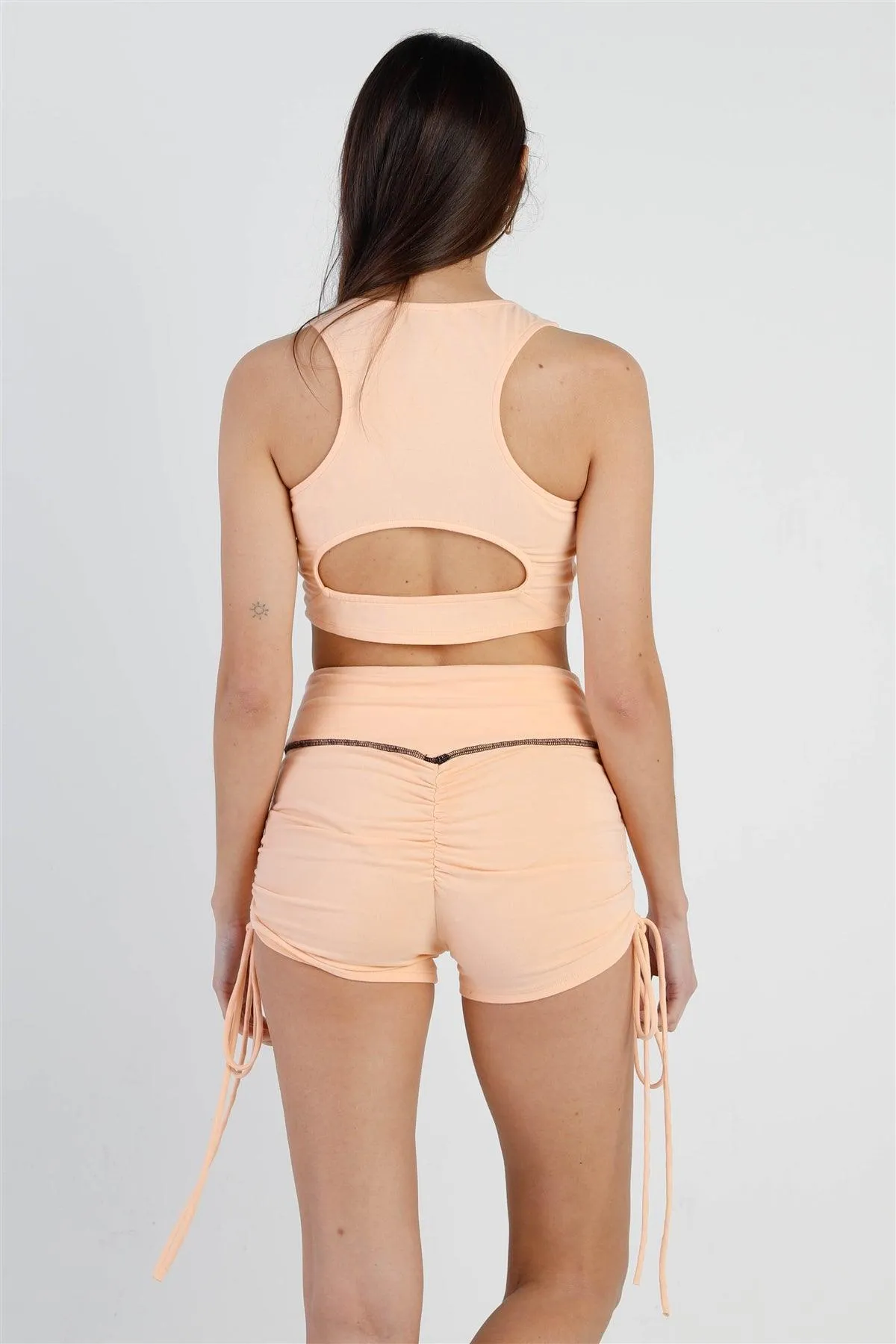 Orange Contrast Stitch Zip-Up Racer Back Crop Top & Ruched Details Short Set /3-2-1