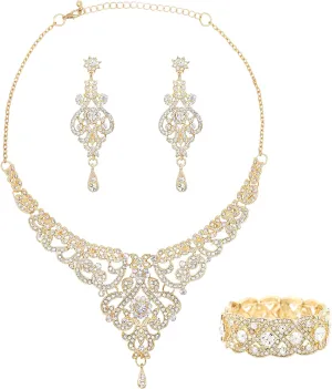 Oriamour Crystal Wedding Jewelry Set Necklace Earring Set For Women and Brides Rose Gold and Gold Bridal Statement Jewelry sets