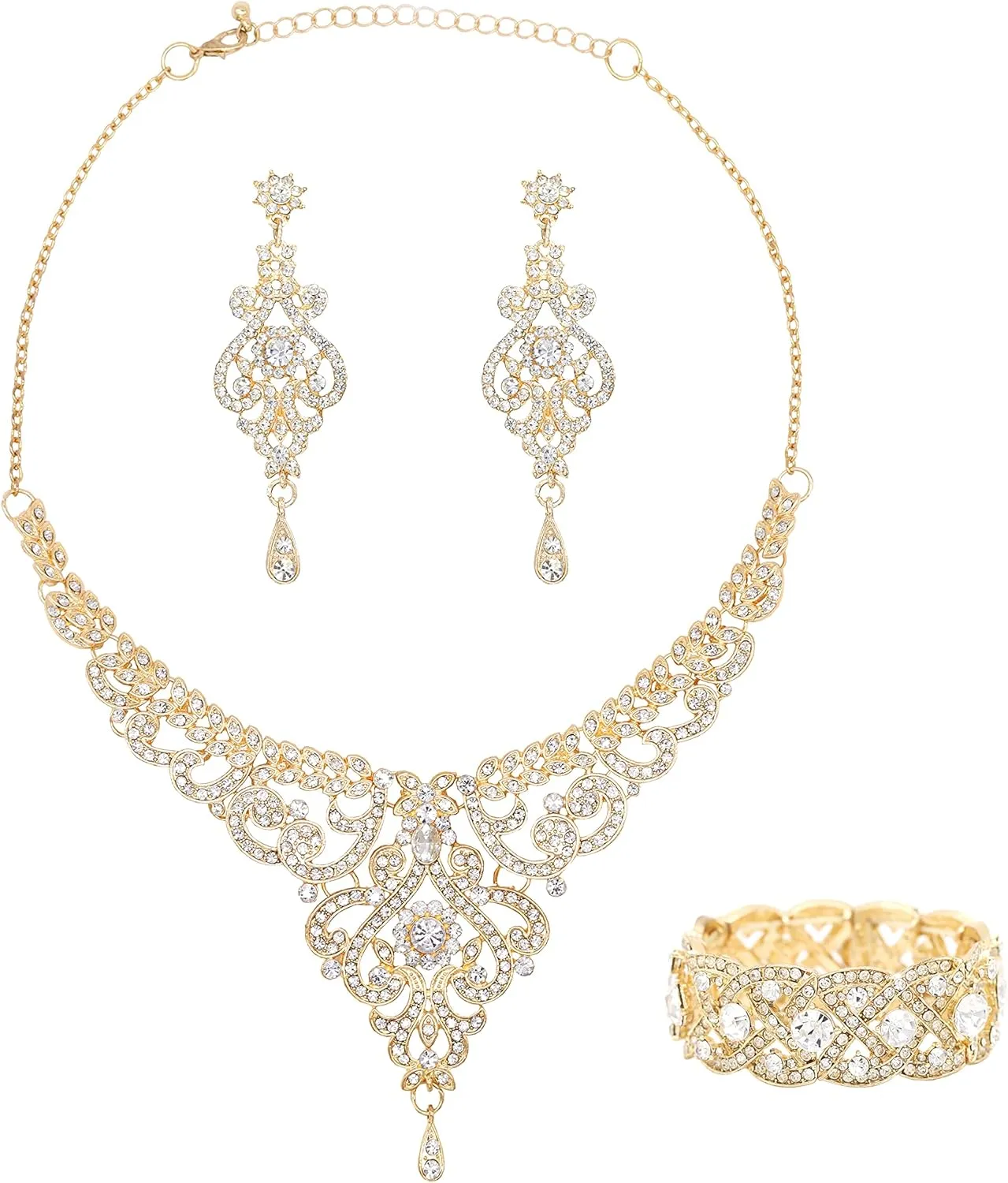 Oriamour Crystal Wedding Jewelry Set Necklace Earring Set For Women and Brides Rose Gold and Gold Bridal Statement Jewelry sets