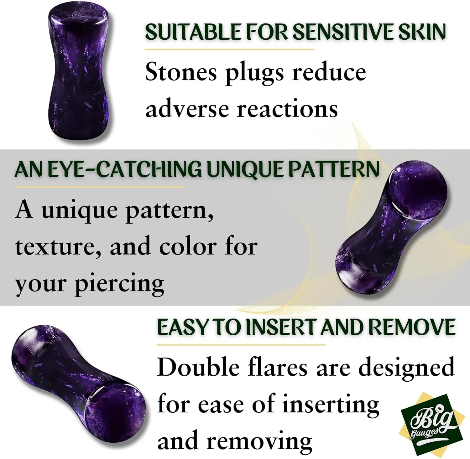 Pair of Double Flared Amethyst Stone Piercing Jewelry Ear Stretcher Saddle Plugs Flesh Earring Lobe