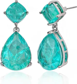 Paraiba Tourmaline Vintage Teardrop Dangle Earrings, Bridal Bridesmaids Statement Drop Jewelry for Women, Wedding Prom 2025 Trend, Silver-plated Metal Emerald Gemstone, Big Cocktail Fine Party Gift