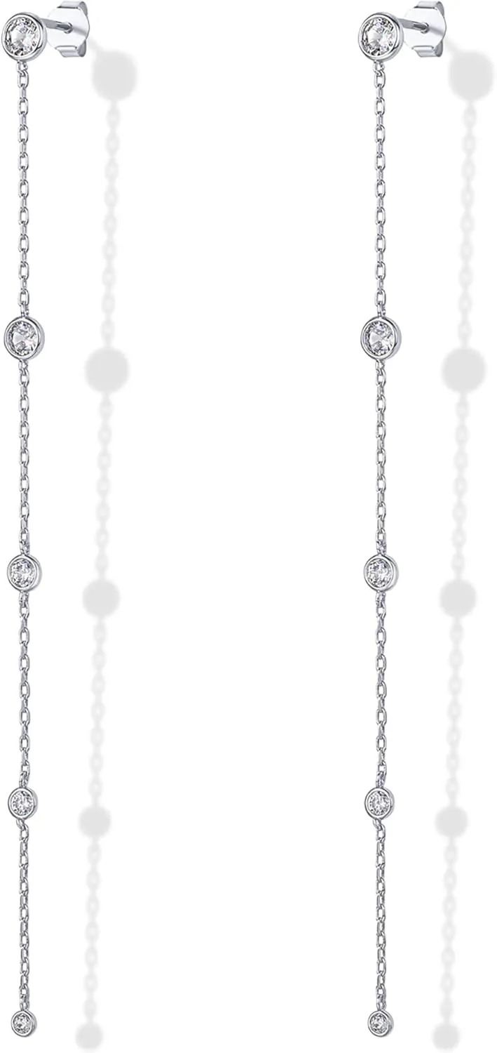 PAVOI 14K Gold Plated Sterling Silver Posts Station Linear Dangle Earrings for Women | Simulated Diamond Chain Drop Earrings