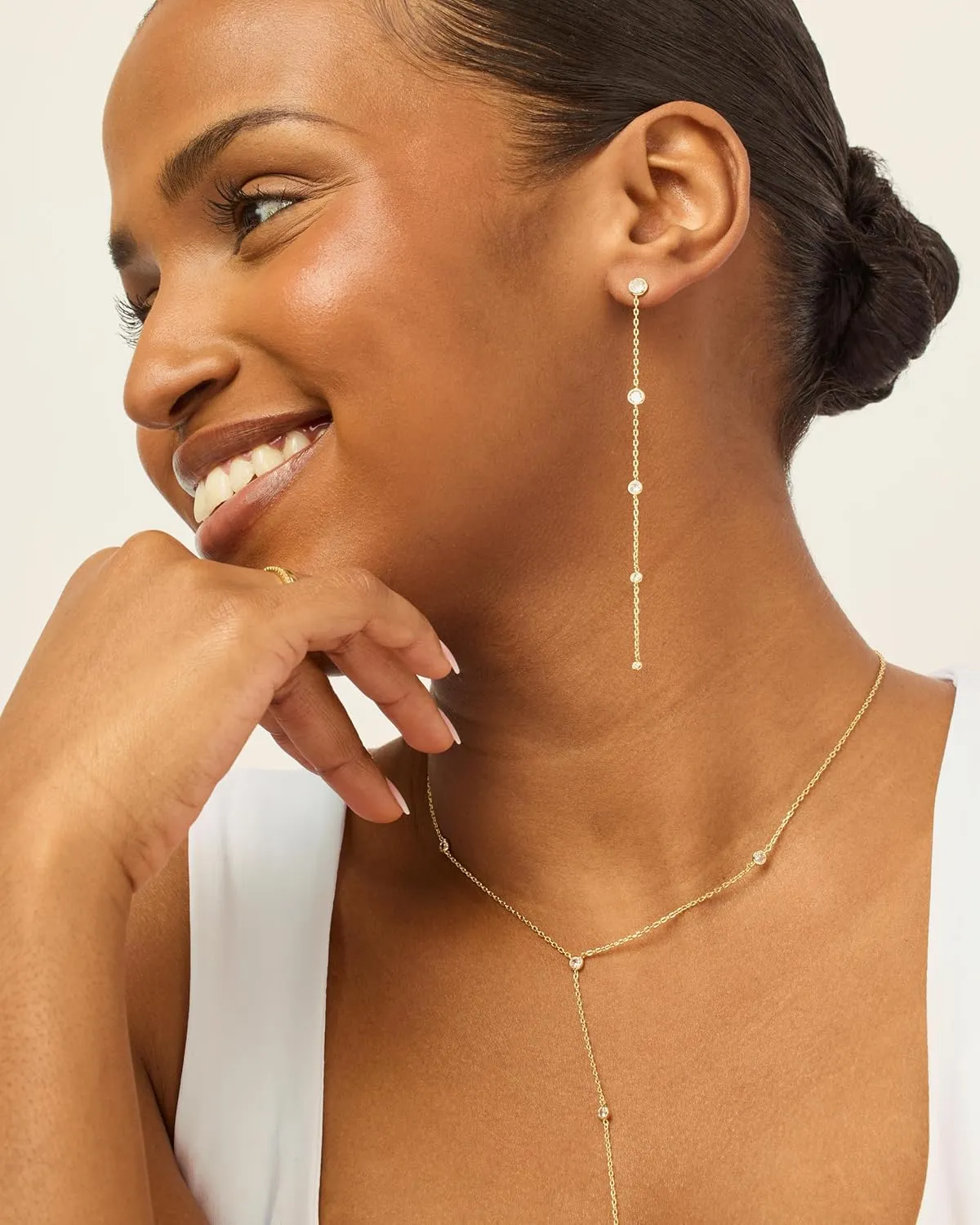 PAVOI 14K Gold Plated Sterling Silver Posts Station Linear Dangle Earrings for Women | Simulated Diamond Chain Drop Earrings