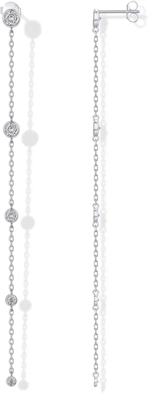PAVOI 14K Gold Plated Sterling Silver Posts Station Linear Dangle Earrings for Women | Simulated Diamond Chain Drop Earrings