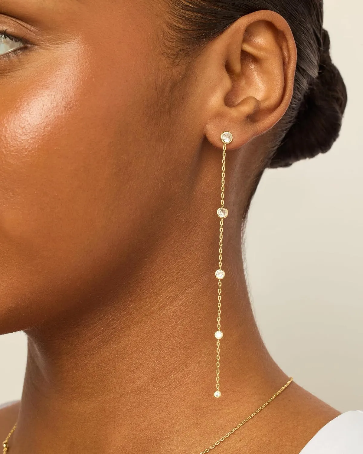 PAVOI 14K Gold Plated Sterling Silver Posts Station Linear Dangle Earrings for Women | Simulated Diamond Chain Drop Earrings