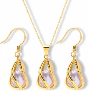 Pearl Jewelry Set For Women S925 Sterling Silver/14K Gold Plated Necklace & Earrings Set Freshwater Pearl Pendant Cage Set for Wedding Anniversary Prom Birthday Gift