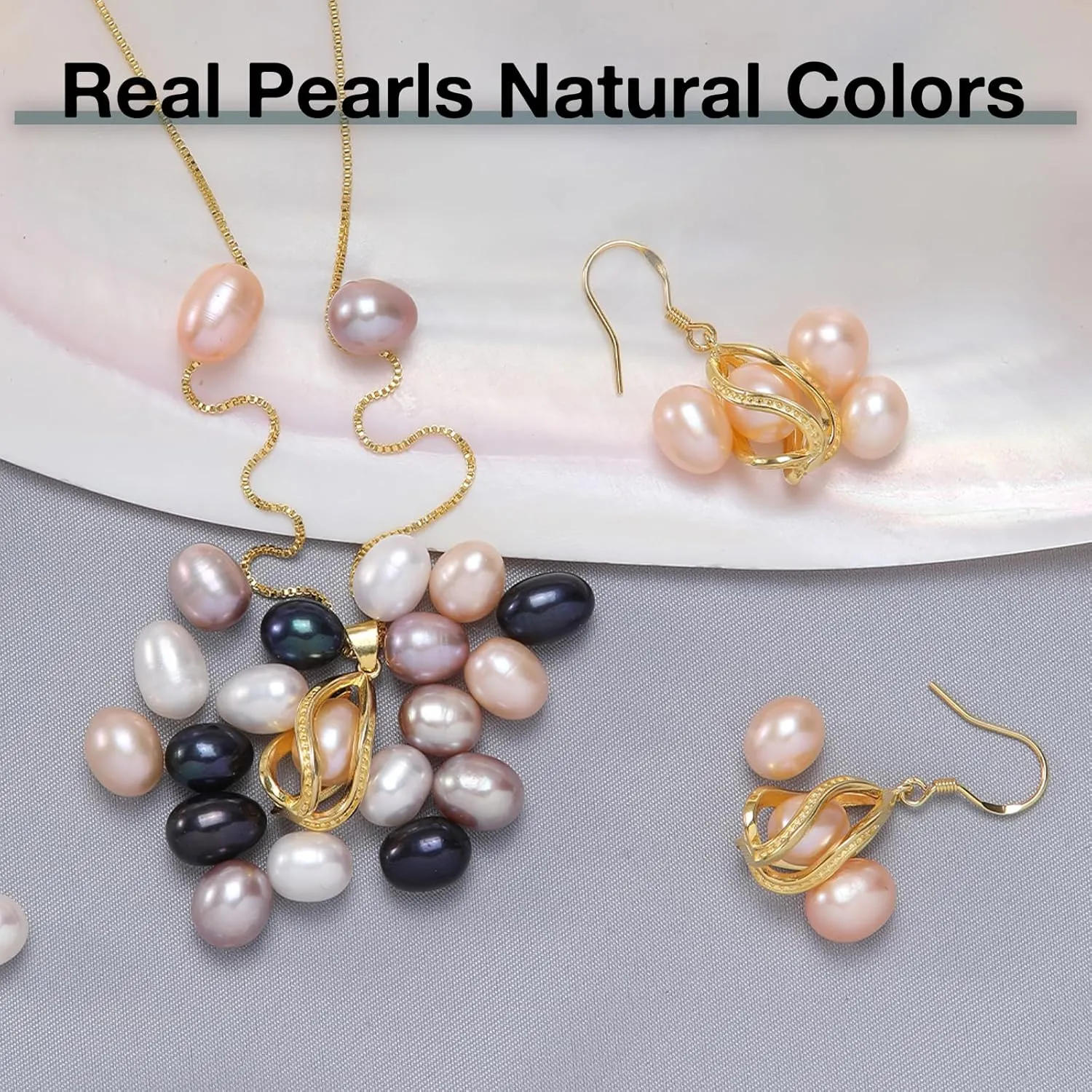 Pearl Jewelry Set For Women S925 Sterling Silver/14K Gold Plated Necklace & Earrings Set Freshwater Pearl Pendant Cage Set for Wedding Anniversary Prom Birthday Gift