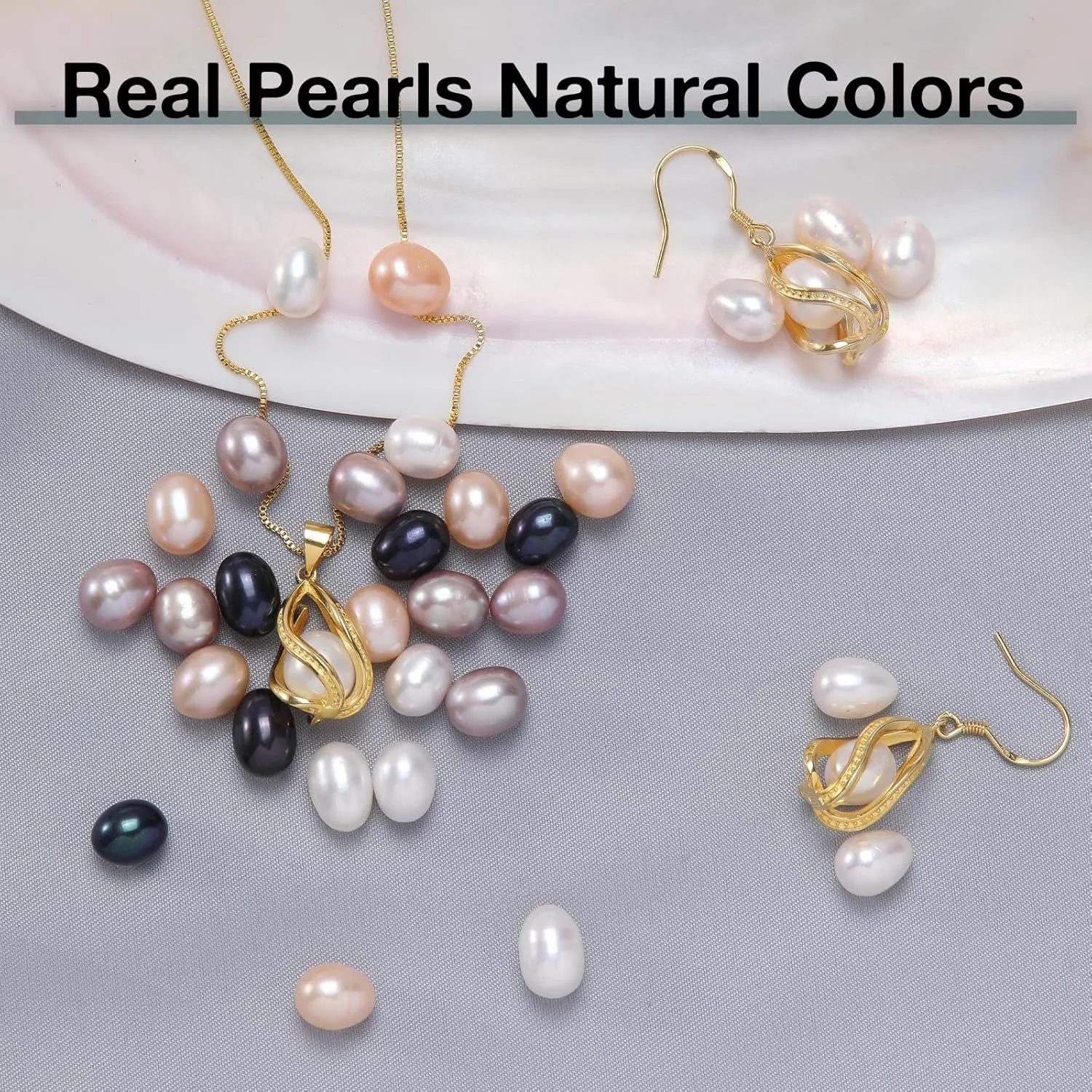 Pearl Jewelry Set For Women S925 Sterling Silver/14K Gold Plated Necklace & Earrings Set Freshwater Pearl Pendant Cage Set for Wedding Anniversary Prom Birthday Gift