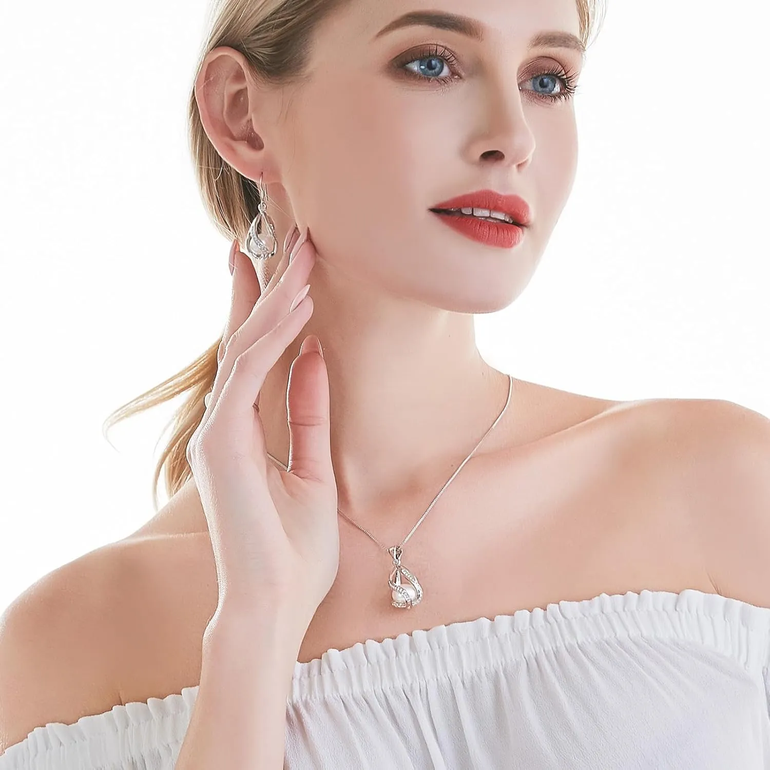 Pearl Jewelry Set For Women S925 Sterling Silver/14K Gold Plated Necklace & Earrings Set Freshwater Pearl Pendant Cage Set for Wedding Anniversary Prom Birthday Gift