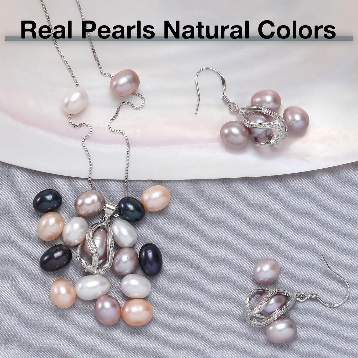Pearl Jewelry Set For Women S925 Sterling Silver/14K Gold Plated Necklace & Earrings Set Freshwater Pearl Pendant Cage Set for Wedding Anniversary Prom Birthday Gift