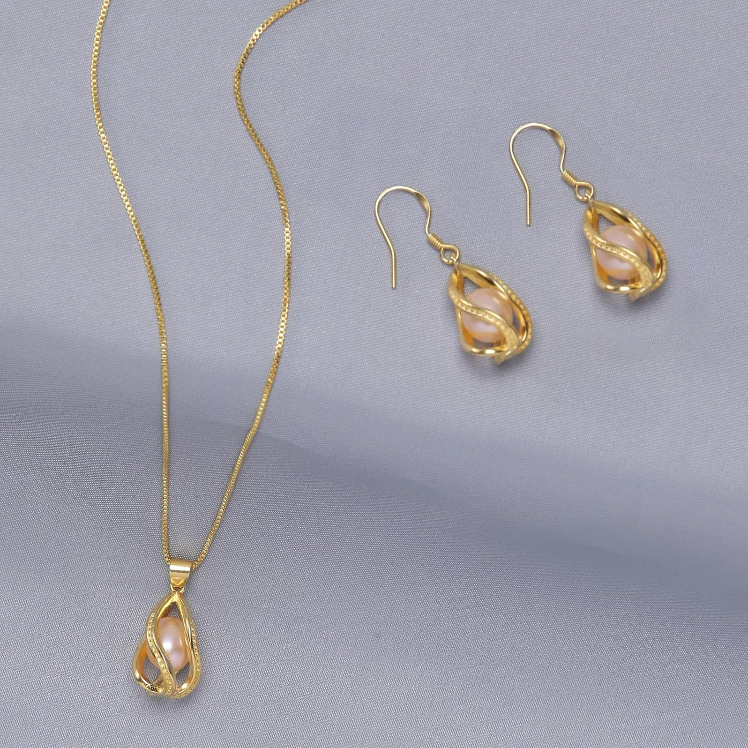 Pearl Jewelry Set For Women S925 Sterling Silver/14K Gold Plated Necklace & Earrings Set Freshwater Pearl Pendant Cage Set for Wedding Anniversary Prom Birthday Gift