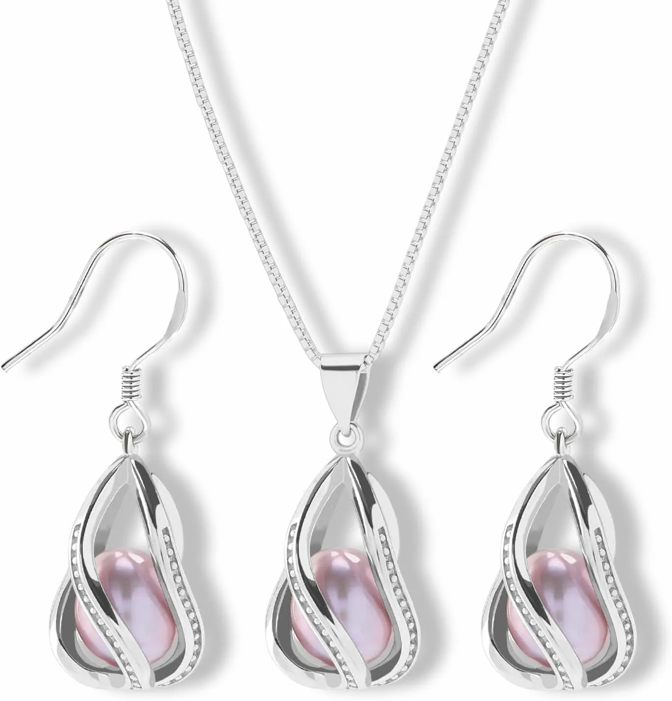 Pearl Jewelry Set For Women S925 Sterling Silver/14K Gold Plated Necklace & Earrings Set Freshwater Pearl Pendant Cage Set for Wedding Anniversary Prom Birthday Gift