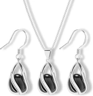 Pearl Jewelry Set For Women S925 Sterling Silver/14K Gold Plated Necklace & Earrings Set Freshwater Pearl Pendant Cage Set for Wedding Anniversary Prom Birthday Gift