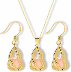 Pearl Jewelry Set For Women S925 Sterling Silver/14K Gold Plated Necklace & Earrings Set Freshwater Pearl Pendant Cage Set for Wedding Anniversary Prom Birthday Gift