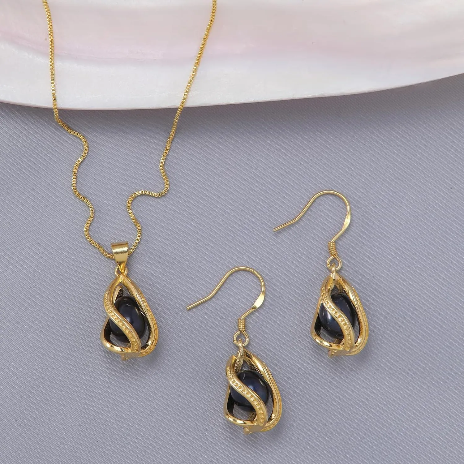 Pearl Jewelry Set For Women S925 Sterling Silver/14K Gold Plated Necklace & Earrings Set Freshwater Pearl Pendant Cage Set for Wedding Anniversary Prom Birthday Gift