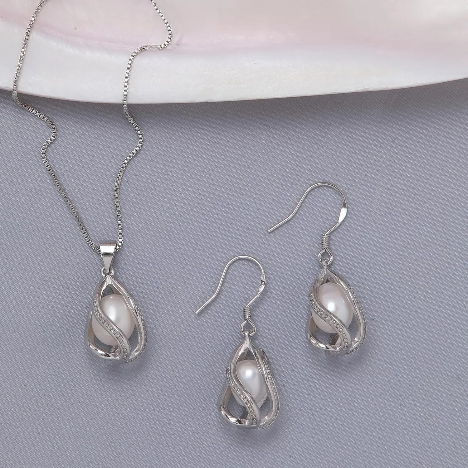 Pearl Jewelry Set For Women S925 Sterling Silver/14K Gold Plated Necklace & Earrings Set Freshwater Pearl Pendant Cage Set for Wedding Anniversary Prom Birthday Gift