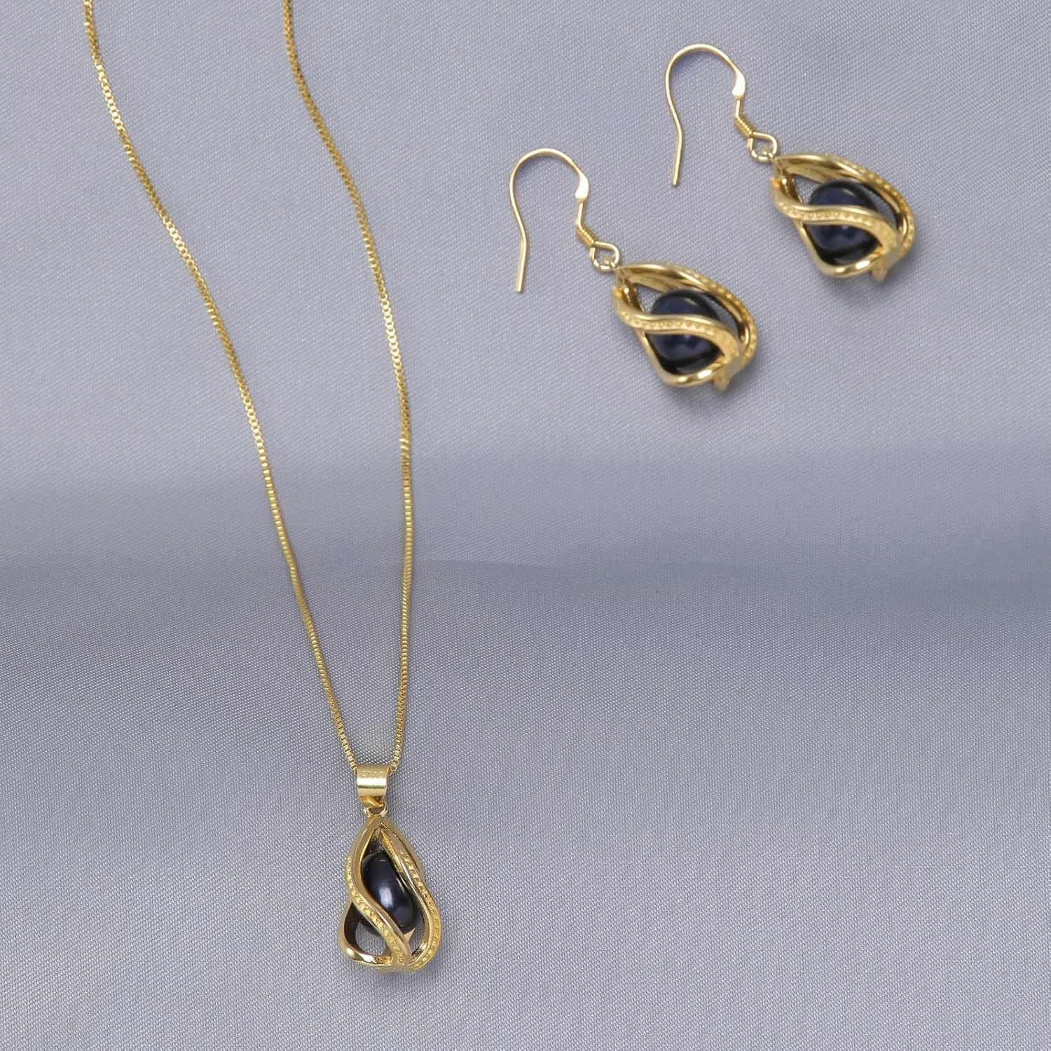 Pearl Jewelry Set For Women S925 Sterling Silver/14K Gold Plated Necklace & Earrings Set Freshwater Pearl Pendant Cage Set for Wedding Anniversary Prom Birthday Gift