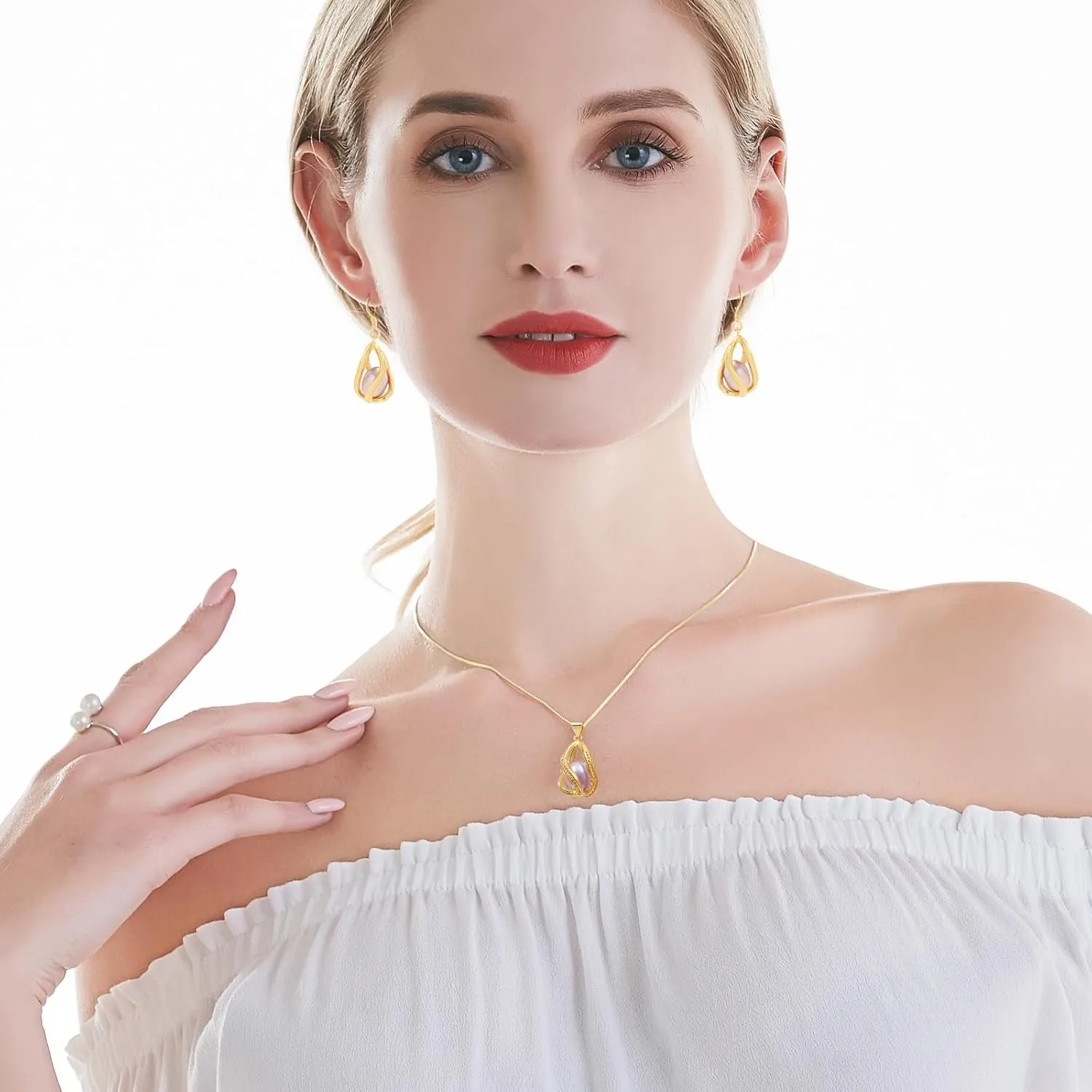 Pearl Jewelry Set For Women S925 Sterling Silver/14K Gold Plated Necklace & Earrings Set Freshwater Pearl Pendant Cage Set for Wedding Anniversary Prom Birthday Gift