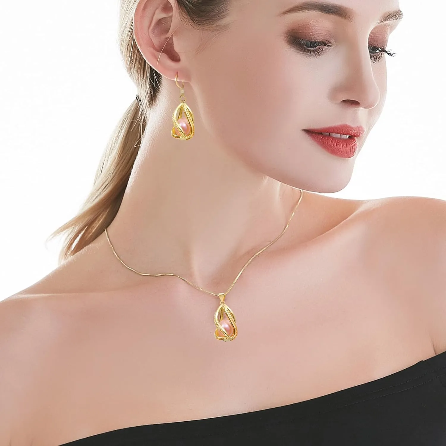 Pearl Jewelry Set For Women S925 Sterling Silver/14K Gold Plated Necklace & Earrings Set Freshwater Pearl Pendant Cage Set for Wedding Anniversary Prom Birthday Gift