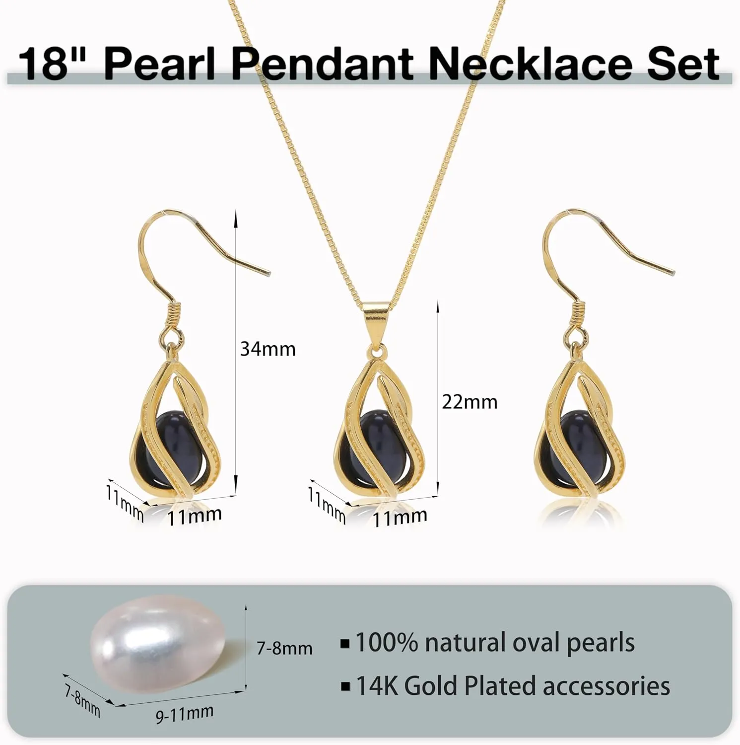 Pearl Jewelry Set For Women S925 Sterling Silver/14K Gold Plated Necklace & Earrings Set Freshwater Pearl Pendant Cage Set for Wedding Anniversary Prom Birthday Gift