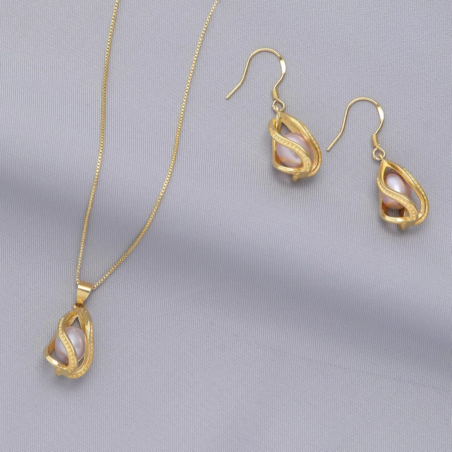 Pearl Jewelry Set For Women S925 Sterling Silver/14K Gold Plated Necklace & Earrings Set Freshwater Pearl Pendant Cage Set for Wedding Anniversary Prom Birthday Gift