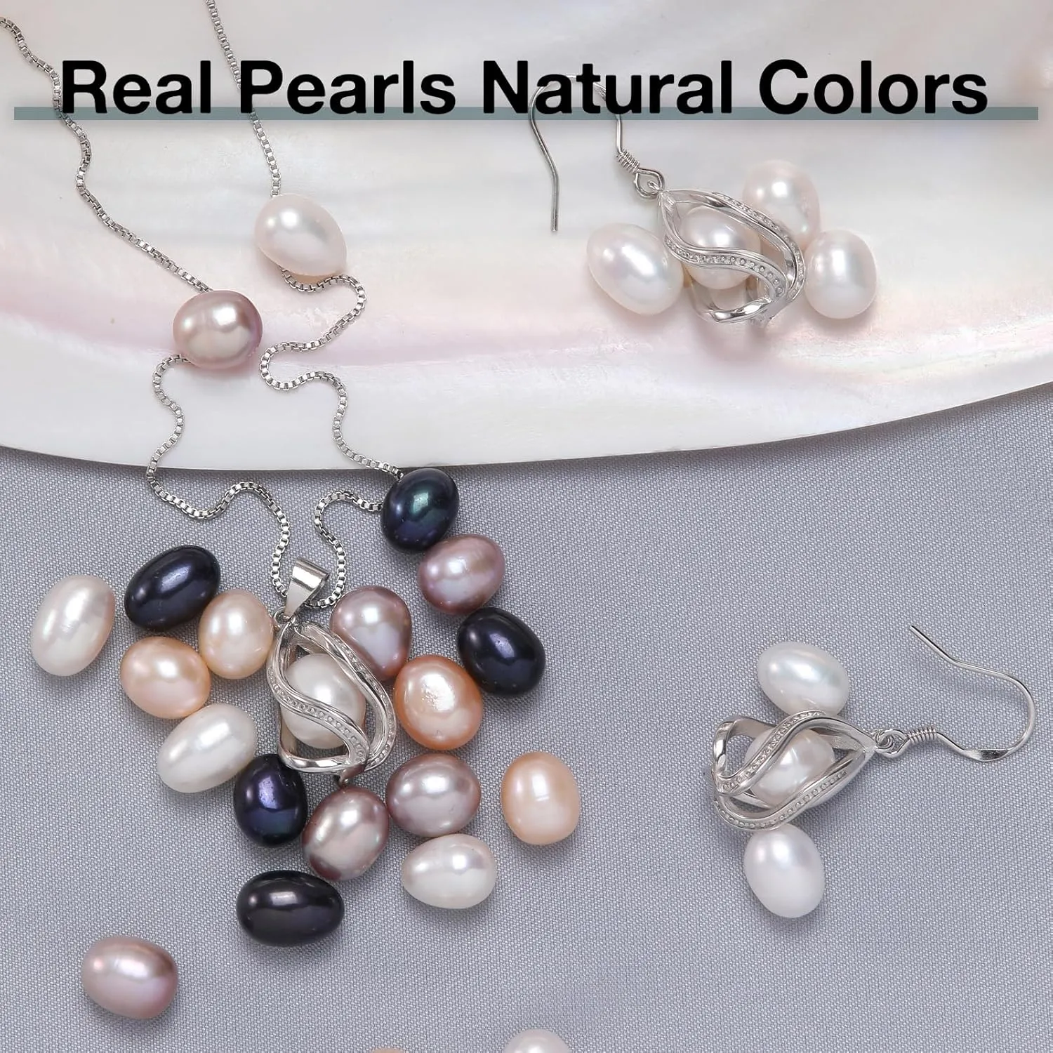 Pearl Jewelry Set For Women S925 Sterling Silver/14K Gold Plated Necklace & Earrings Set Freshwater Pearl Pendant Cage Set for Wedding Anniversary Prom Birthday Gift