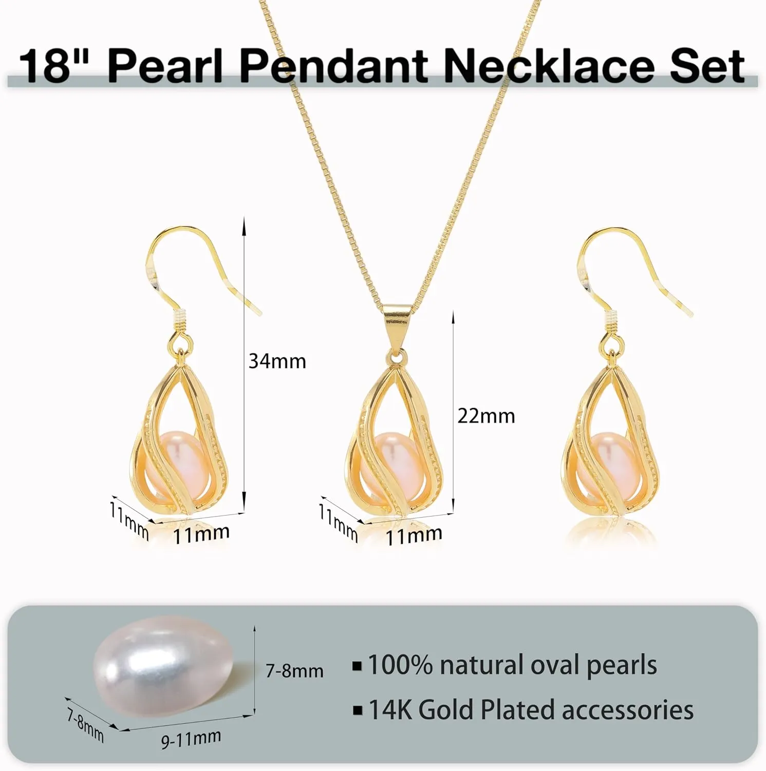 Pearl Jewelry Set For Women S925 Sterling Silver/14K Gold Plated Necklace & Earrings Set Freshwater Pearl Pendant Cage Set for Wedding Anniversary Prom Birthday Gift