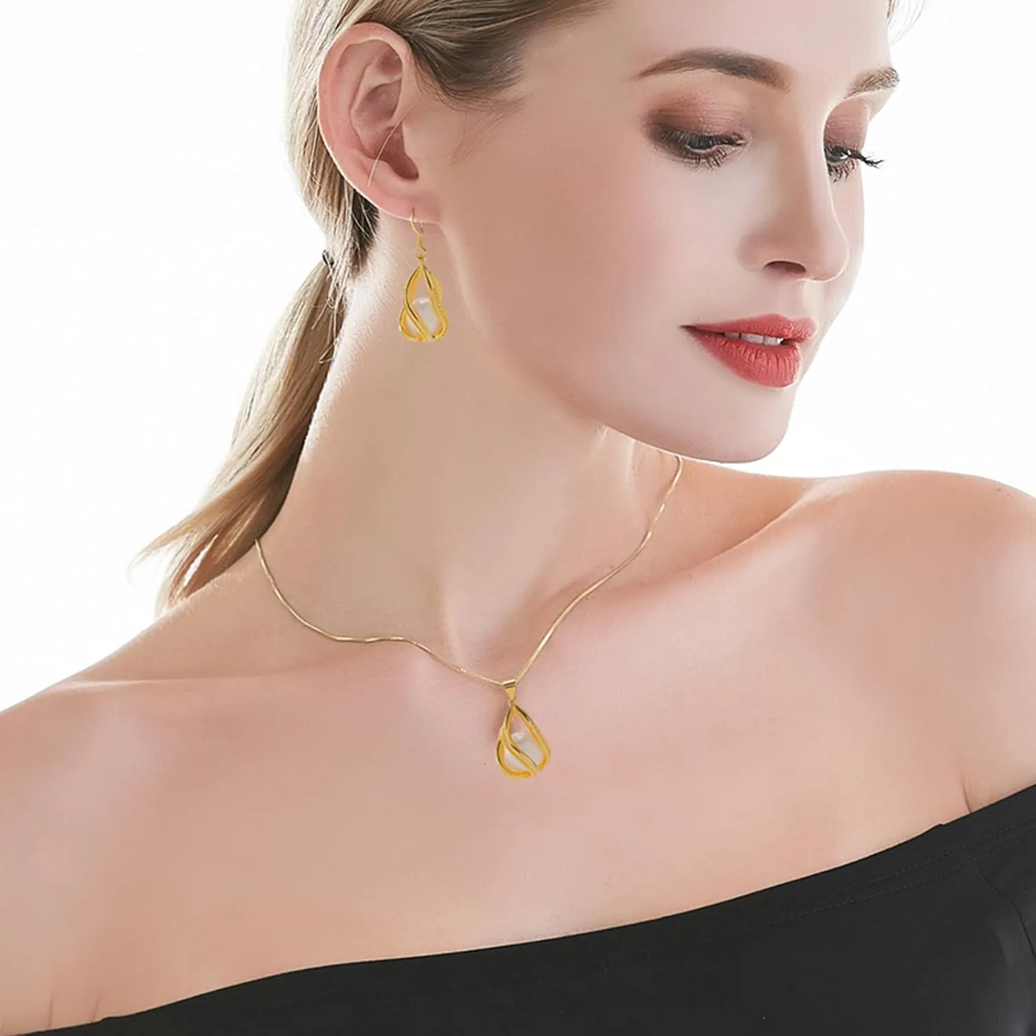 Pearl Jewelry Set For Women S925 Sterling Silver/14K Gold Plated Necklace & Earrings Set Freshwater Pearl Pendant Cage Set for Wedding Anniversary Prom Birthday Gift