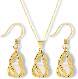 Pearl Jewelry Set For Women S925 Sterling Silver/14K Gold Plated Necklace & Earrings Set Freshwater Pearl Pendant Cage Set for Wedding Anniversary Prom Birthday Gift