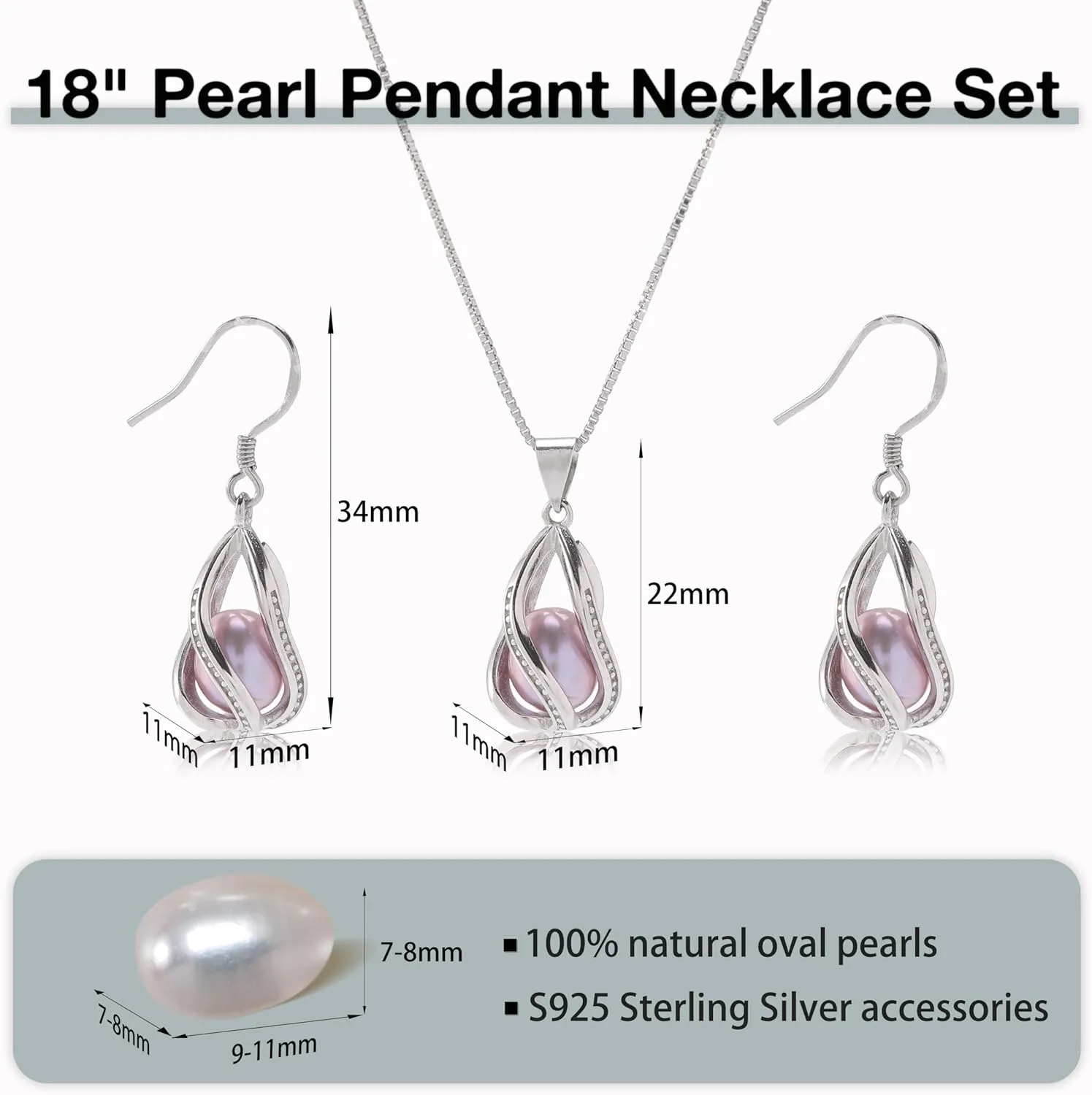 Pearl Jewelry Set For Women S925 Sterling Silver/14K Gold Plated Necklace & Earrings Set Freshwater Pearl Pendant Cage Set for Wedding Anniversary Prom Birthday Gift