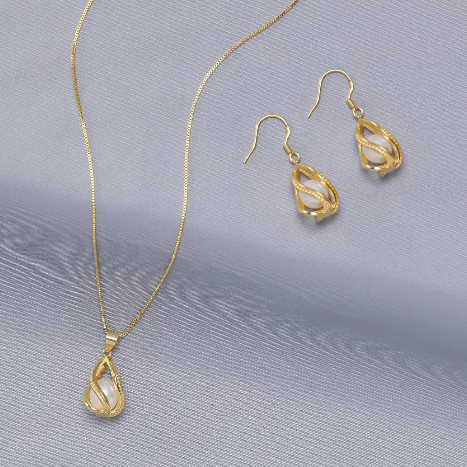 Pearl Jewelry Set For Women S925 Sterling Silver/14K Gold Plated Necklace & Earrings Set Freshwater Pearl Pendant Cage Set for Wedding Anniversary Prom Birthday Gift