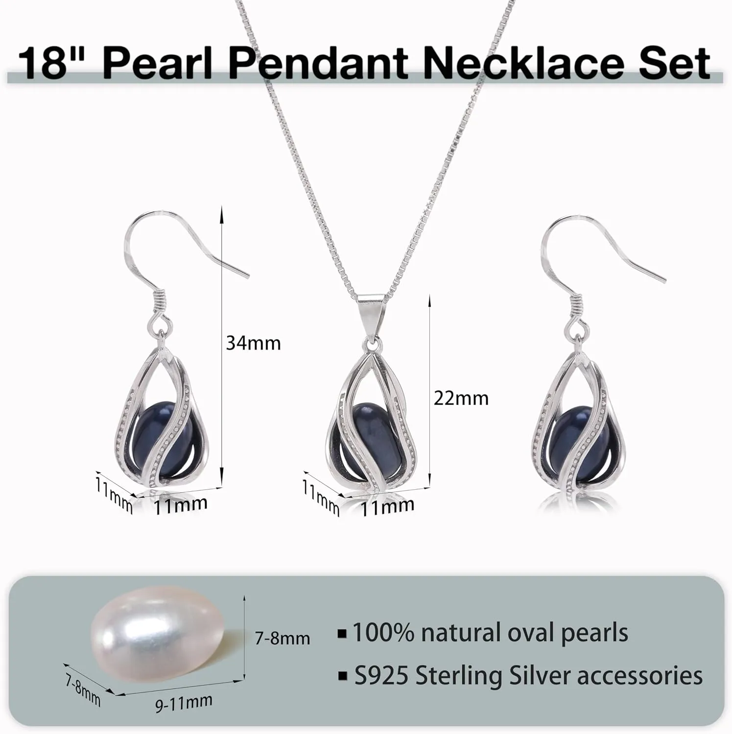 Pearl Jewelry Set For Women S925 Sterling Silver/14K Gold Plated Necklace & Earrings Set Freshwater Pearl Pendant Cage Set for Wedding Anniversary Prom Birthday Gift