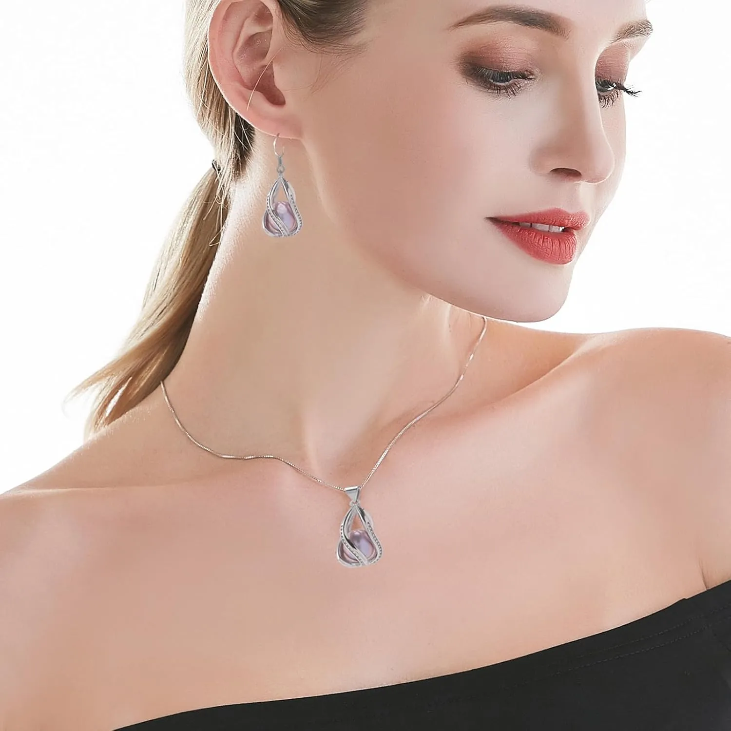 Pearl Jewelry Set For Women S925 Sterling Silver/14K Gold Plated Necklace & Earrings Set Freshwater Pearl Pendant Cage Set for Wedding Anniversary Prom Birthday Gift