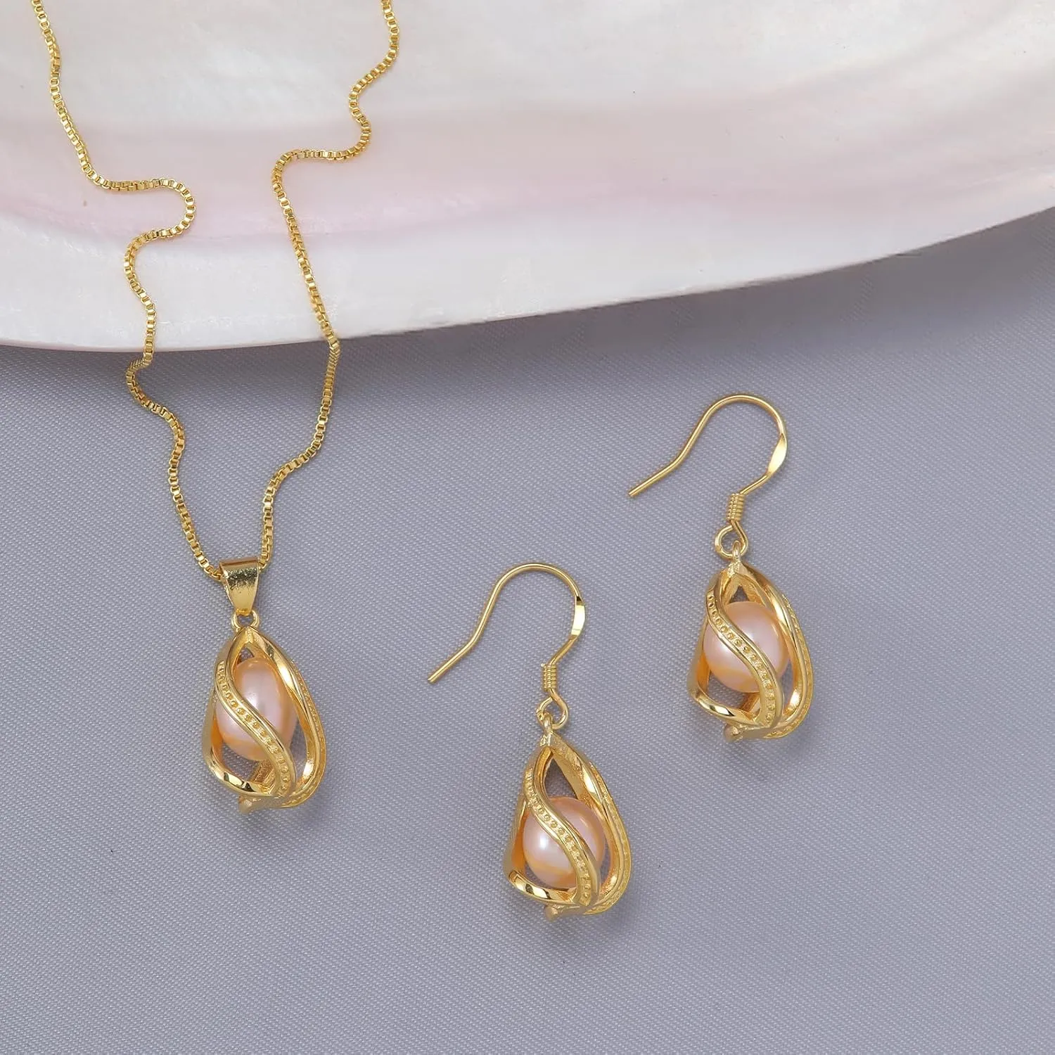 Pearl Jewelry Set For Women S925 Sterling Silver/14K Gold Plated Necklace & Earrings Set Freshwater Pearl Pendant Cage Set for Wedding Anniversary Prom Birthday Gift